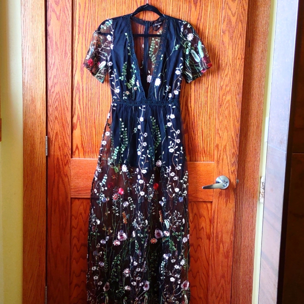 Dress size 4-6 embroidered Flowers sheer black open chest
